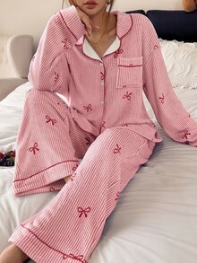 Napfluff Women's Contrast Color Trim Striped Bow Pajama Set, Fuzzy Long Sleeve Long Pants Loungewear, Autumn/Winter - Pink - View 6