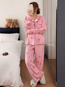 Napfluff Women's Contrast Color Trim Striped Bow Pajama Set, Fuzzy Long Sleeve Long Pants Loungewear, Autumn/Winter - Pink - View 5