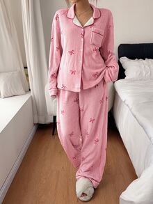Napfluff Women's Contrast Color Trim Striped Bow Pajama Set, Fuzzy Long Sleeve Long Pants Loungewear, Autumn/Winter - Pink - View 4