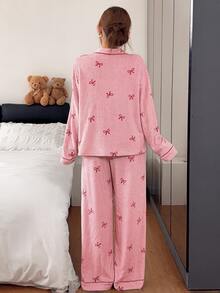 Napfluff Women's Contrast Color Trim Striped Bow Pajama Set, Fuzzy Long Sleeve Long Pants Loungewear, Autumn/Winter - Pink - View 2