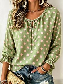 SHEIN LUNE إيمري روز نسائي صيفي أخضر بطبعة نقاط منقوشة تصميم قماش ربطة عقدة رقبة على شكل حرف V كشكشة أكمام طويلة لوس خريف - متعدد الألوان - مشاهدة 3