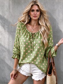 SHEIN LUNE إيمري روز نسائي صيفي أخضر بطبعة نقاط منقوشة تصميم قماش ربطة عقدة رقبة على شكل حرف V كشكشة أكمام طويلة لوس خريف - متعدد الألوان - مشاهدة 1