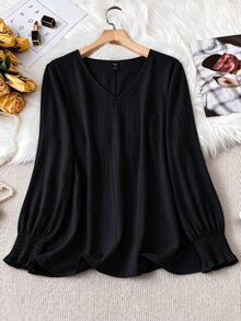 SHEIN LUNE CURVE 大尺碼女款純色休閒百搭日常襯衫 秋季 - 黑色 - 查看 1