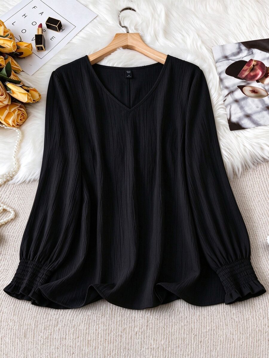SHEIN LUNE CURVE 大尺碼女款純色休閒百搭日常襯衫 秋季 - 黑色 - 查看 1