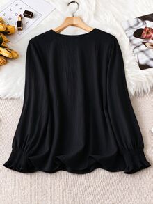 SHEIN LUNE CURVE 大尺碼女款純色休閒百搭日常襯衫 秋季 - 黑色 - 查看 2