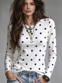 Trelyra Polka Dot Print Button Detail Tee - White - View 1