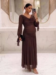 MaterniChic Maternity Solid Color Pleated Casual Elegant Chic Party Photoshoot Travel Dress Brown Fall - Brown - View 2