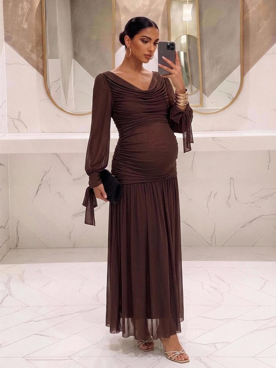 MaterniChic Maternity Solid Color Pleated Casual Elegant Chic Party Photoshoot Travel Dress Brown Fall