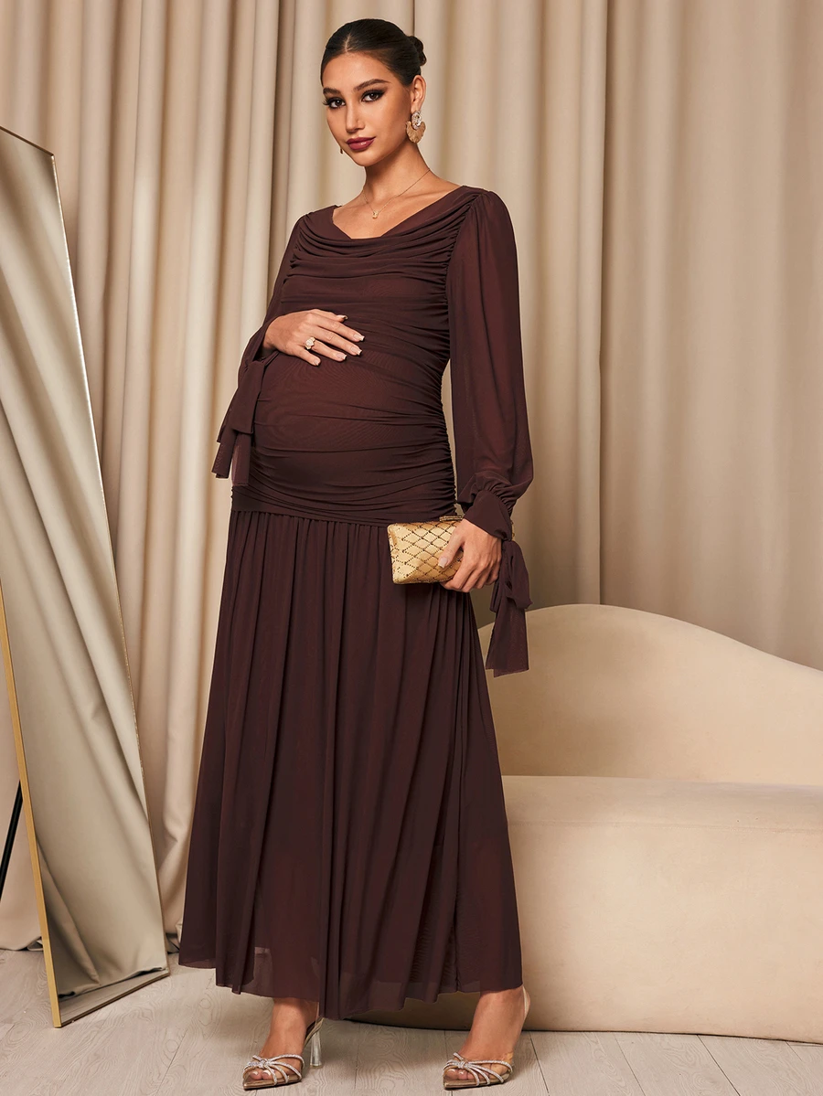 MaterniChic Maternity Solid Color Pleated Casual Elegant Chic Party Photoshoot Travel Dress Brown Fall