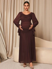 MaterniChic Maternity Solid Color Pleated Casual Elegant Chic Party Photoshoot Travel Dress Brown Fall - Brown - View 9