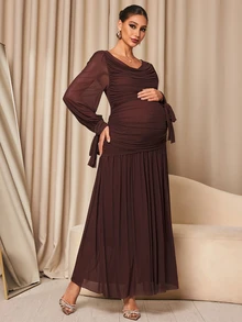 MaterniChic Maternity Solid Color Pleated Casual Elegant Chic Party Photoshoot Travel Dress Brown Fall - Brown - View 5