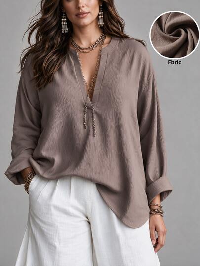 Linhara CURVE Plus Size Women Fall Linen Color V Neck Long Sleeve Crinkle Textured Loose Fit Casual Vacation Shirt Blouse, Flowy Tunic Cover Up Top All Season