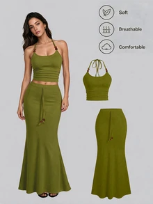 Sweetra Women's Olive Green Halter Top With Pearl Decor Bodycon Skirt Set, Summer Beach Vacation European Tropical - Olive Green - View 1