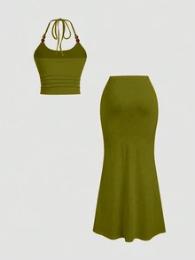 Sweetra Women's Olive Green Halter Top With Pearl Decor Bodycon Skirt Set, Summer Beach Vacation European Tropical - Olive Green - View 2