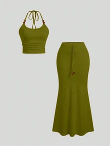 Sweetra Women's Olive Green Halter Top With Pearl Decor Bodycon Skirt Set, Summer Beach Vacation European Tropical - Olive Green - View 3