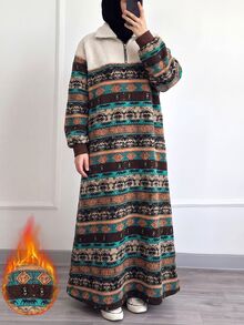Mulvari 女款秋冬毛絨拼接圖案長版休閒拉鍊連身裙 冬季外出休閒法蘭絨洋裝 - 彩色 - 查看 5