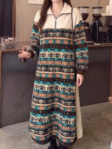 Mulvari 女款秋冬毛絨拼接圖案長版休閒拉鍊連身裙 冬季外出休閒法蘭絨洋裝 - 彩色 - 查看 1