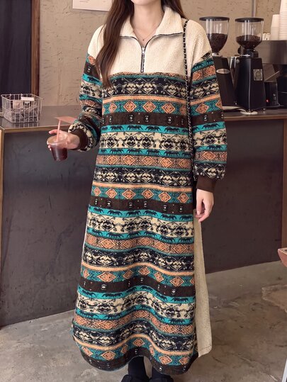 Mulvari Robe longue décontractée zippée pour femmes, motif patchwork en peluche, automne/hiver, robe de sortie décontractée d'hiver en flanelle
