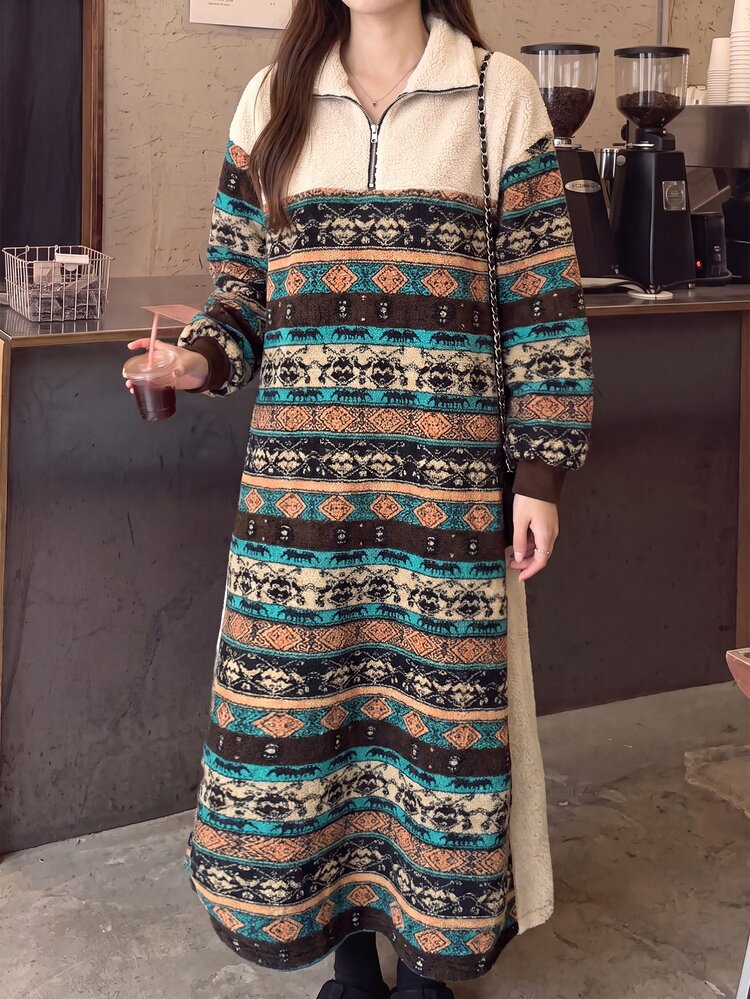 Mulvari Women's Autumn/Winter Plush Patchwork Pattern Long Casual Zip-Up Dress Winter Going Out Casual Dresses Flannel - Multicolor - View 1