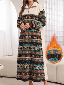 Mulvari 女款秋冬毛絨拼接圖案長版休閒拉鍊連身裙 冬季外出休閒法蘭絨洋裝 - 彩色 - 查看 2
