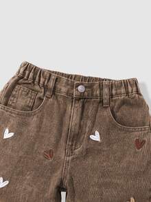 SHEIN Tween Girls Jeans New Fashion Wide Leg Denim Pants, Heart Embroidery Loose Fit Jeans, Vintage Distressed Denim Color, Y2K Preppy Style, Casual Cute, Pink Heart Pattern Embroidery, Comfortable Cotton Denim, Elastic Waist Design, Suitable For Daily Wear, School, Commute, Party, Back To School Season - Brown - View 7