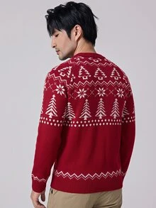 Manfinity Homme 男士圓領寬鬆長袖套頭毛衣，聖誕樹休閒圓領長袖毛衣，紅色情侶家庭穿著，老錢風 - 紅色 - 查看 8