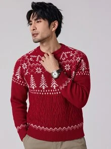 Manfinity Homme 男士圓領寬鬆長袖套頭毛衣，聖誕樹休閒圓領長袖毛衣，紅色情侶家庭穿著，老錢風 - 紅色 - 查看 7