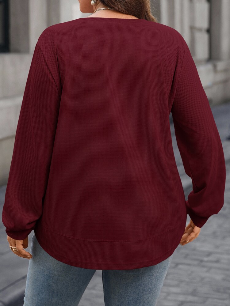 EMERY ROSE Plus Size Women's Solid Color Round Neck Long Sleeve Casual Baggy Cargo Loose Sweatshirt Winter New Year Fall Vacation Formal Evening Burgundy - Burgundy - View 2