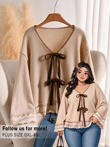 CosyJoli Plus Size Elegant French Casual Houndstooth Patchwork Woven & Knit Contrast Color Bow Cardigan Fall/Winter Jacket For Women Casual Thanksgiving Dress - Apricot - View 2