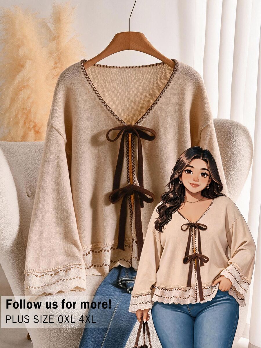 CosyJoli Plus Size Elegant French Casual Houndstooth Patchwork Woven & Knit Contrast Color Bow Cardigan Fall/Winter Jacket For Women Casual Thanksgiving Dress