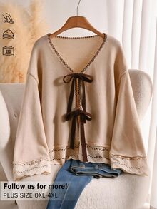 CosyJoli Plus Size Elegant French Casual Houndstooth Patchwork Woven & Knit Contrast Color Bow Cardigan Fall/Winter Jacket For Women Casual Thanksgiving Dress - Apricot - View 4