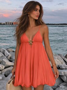 SHEIN Women's Solid Color Metal Decor Tie-Neck Casual Sexy Tropical Versatile Mini Dress For Dating Outing Beach Vacation Orange Red Summer - Orange - View 2