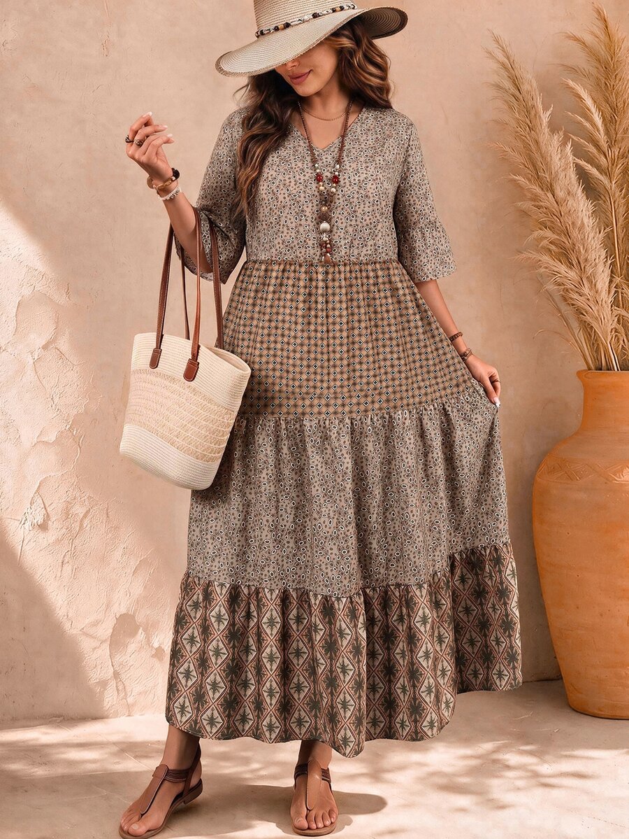 EMERY ROSE Plus Size Women's Deep V-Neck Ruffle Sleeve Multi-Tiered Hem Long Beige Dress For Summer Vacation Boho Vintage Casual - Khaki - View 1