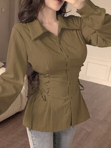 Seusyu Women's Solid Color Single-Breasted Casual Side Waist Drawstring Tie Fashion Shirt - Brown - View 5