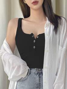 Joudiya Top sin mangas con cuello en V y botones para mujer, de verano, elegante y versátil, para la escuela - Negro - Ver 3