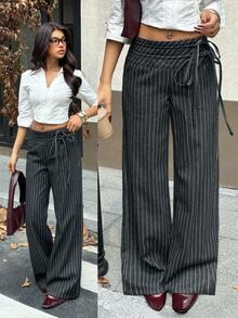 Rivivi Women's Fashion Tie-Up Striped Loose Fit Jeans - Black - View 1
