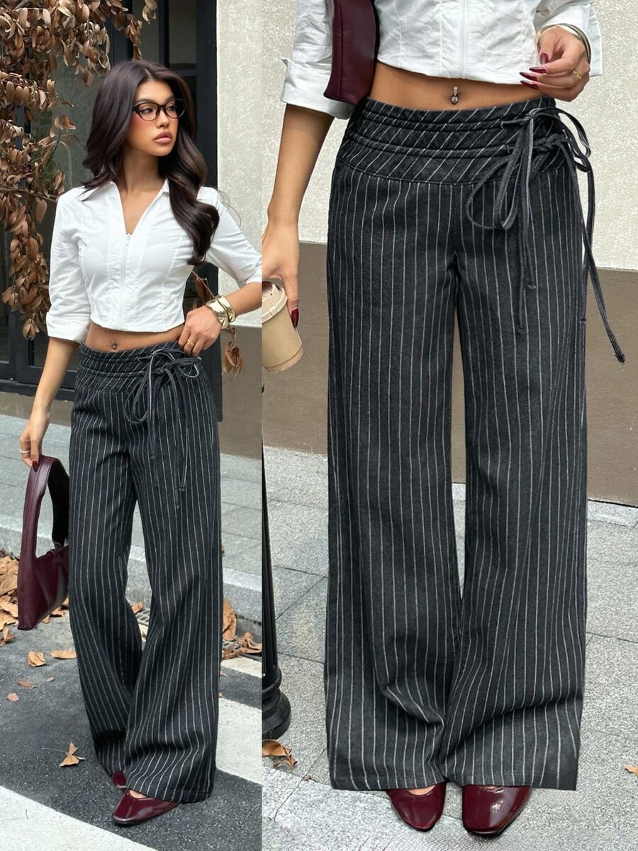 Rivivi Women's Fashion Tie-Up Striped Loose Fit Jeans - Black - View 1