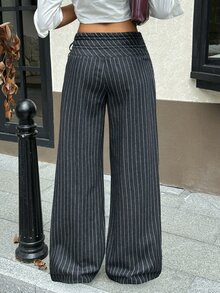 Rivivi Women's Fashion Tie-Up Striped Loose Fit Jeans - Black - View 2