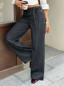 Rivivi Women's Fashion Tie-Up Striped Loose Fit Jeans - Black - View 7