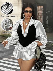 Korean Style Striped Polo Collar Shirt, Slim Fit Flattering Commuter Versatile Plus Size Women's Top Fall - Black and White - View 1