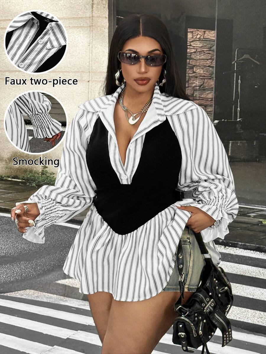 Korean Style Striped Polo Collar Shirt, Slim Fit Flattering Commuter Versatile Plus Size Women's Top Fall - Black and White - View 1