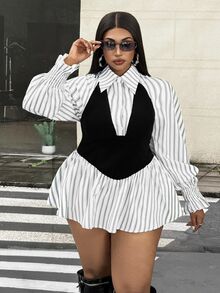 Korean Style Striped Polo Collar Shirt, Slim Fit Flattering Commuter Versatile Plus Size Women's Top Fall - Black and White - View 2
