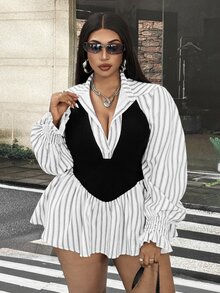 Korean Style Striped Polo Collar Shirt, Slim Fit Flattering Commuter Versatile Plus Size Women's Top Fall - Black and White - View 4