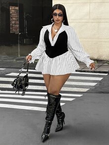 Korean Style Striped Polo Collar Shirt, Slim Fit Flattering Commuter Versatile Plus Size Women's Top Fall - Black and White - View 3