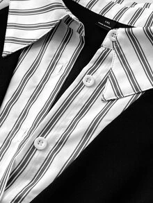 Korean Style Striped Polo Collar Shirt, Slim Fit Flattering Commuter Versatile Plus Size Women's Top Fall - Black and White - View 7