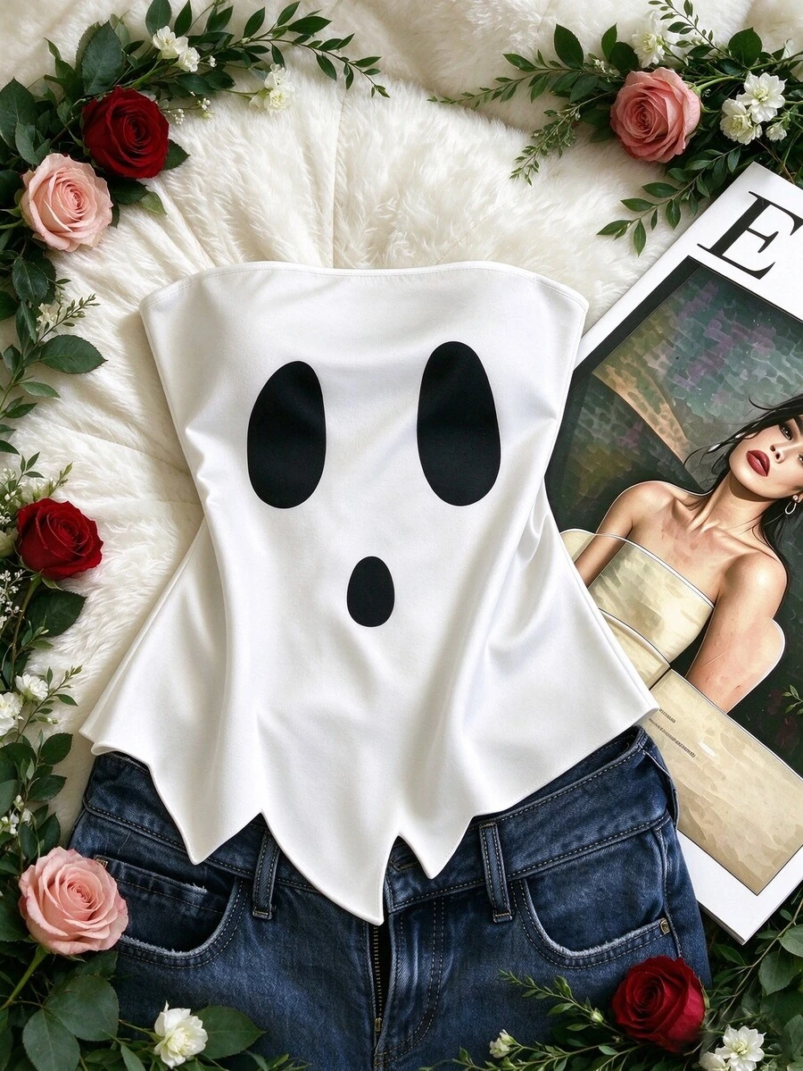 SHEIN Franclia 可愛幽靈臉印花無肩帶抹胸短版上衣，不對稱鋸齒下擺，女款 Y2K 搞怪可愛派對裝扮上衣 - 白色 - 查看 1