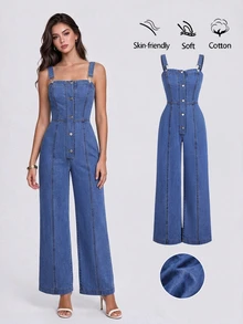 Sweetra Women's Casual 2000s Button Loose Denim Overalls,Fall/Winter,New Year Look Everyday Travel,Christmas Outfit For Women,Party Vacation - Blue - View 1