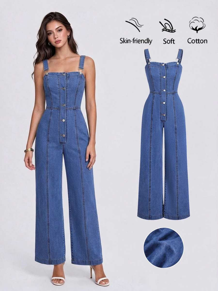 Sweetra Women's Casual 2000s Button Loose Denim Overalls,Fall/Winter,New Year Look Everyday Travel,Christmas Outfit For Women,Party Vacation - Blue - View 1