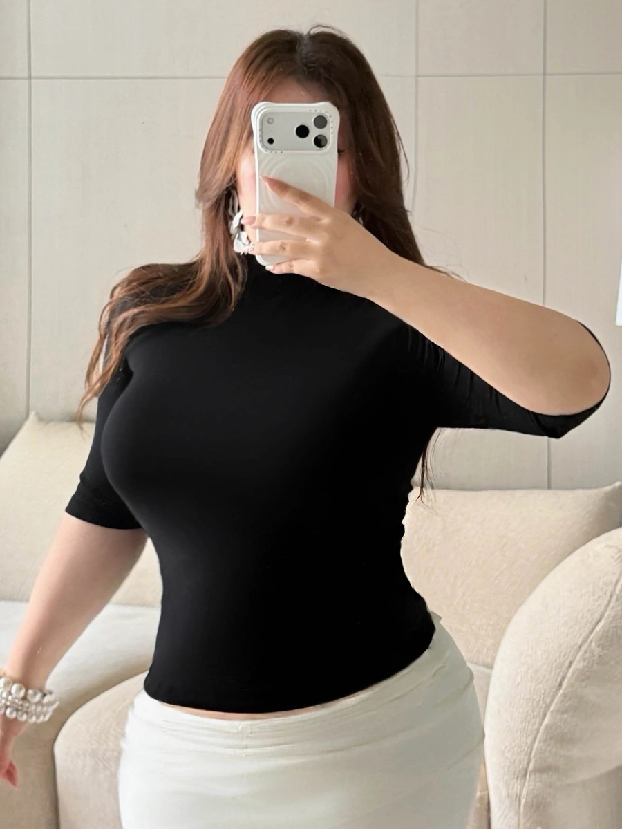 Dazy Plus Solid Color Elastic Fitted Casual Blogger Style Mock Neck 5-Sleeve Plus Size Women's Spring Summer Autumn Pullover Black T-Shirt - Black - View 1