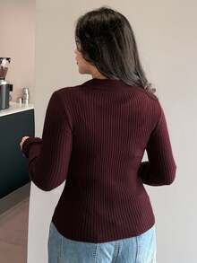 Dazy Plus Valentine Plus Size Solid Color V-Neck Elastic Bodycon Long Sleeve Wine Red Sweater Fall - Burgundy - View 2